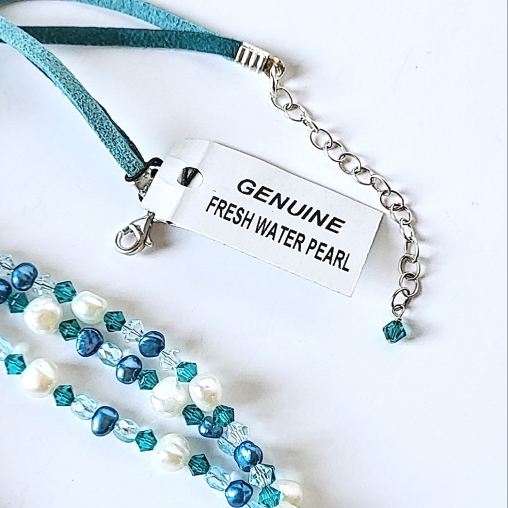 BLUE & WHITE PEARL & AQUA CRYSTAL NECKLACE - TRIPLE STRAND, STERLING CLASP - Picture 6 of 10